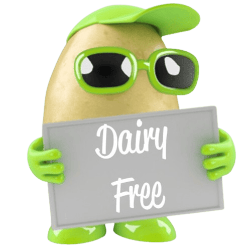 Green potato character wearing a cap and sunglasses holding a sign that reads 'Dairy Free' to indicate dairy-free