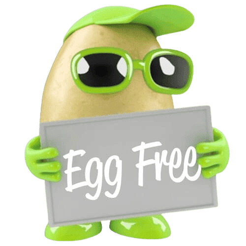 Playful cartoon potato mascot wearing a green cap and sunglasses, holding a sign that says Egg Free
