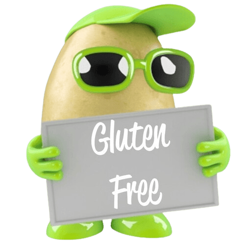 Cartoon potato wearing a lime-green hat and sunglasses, holding a sign that says Gluten Free.